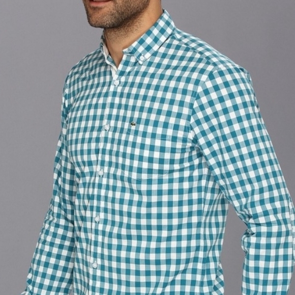 Lacoste Men's Teal Blue & White Checkered Button Down Shirt / M - Picture 3 of 9